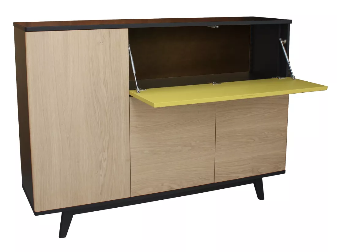 Vaisselier laqué et chêne blanchi massif, 3 portes , 1 abattant - 165L x 46P