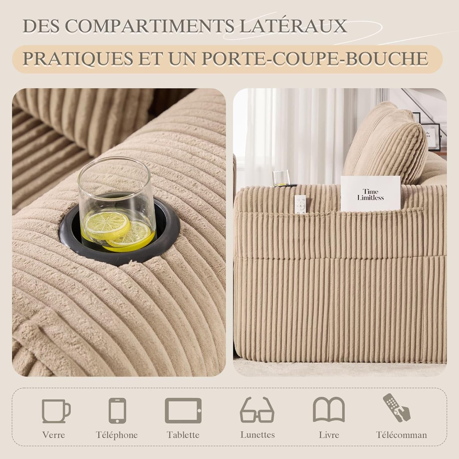 Canapé en Velours côtelé Moderne avec 2 Coussins, 2 Poches latérales, Canapé de Loisirs Modular 2 Places avec 2 Porte-gobelet, Canapé d'angle pour Salon, Bureau (Khaki) UW1265353