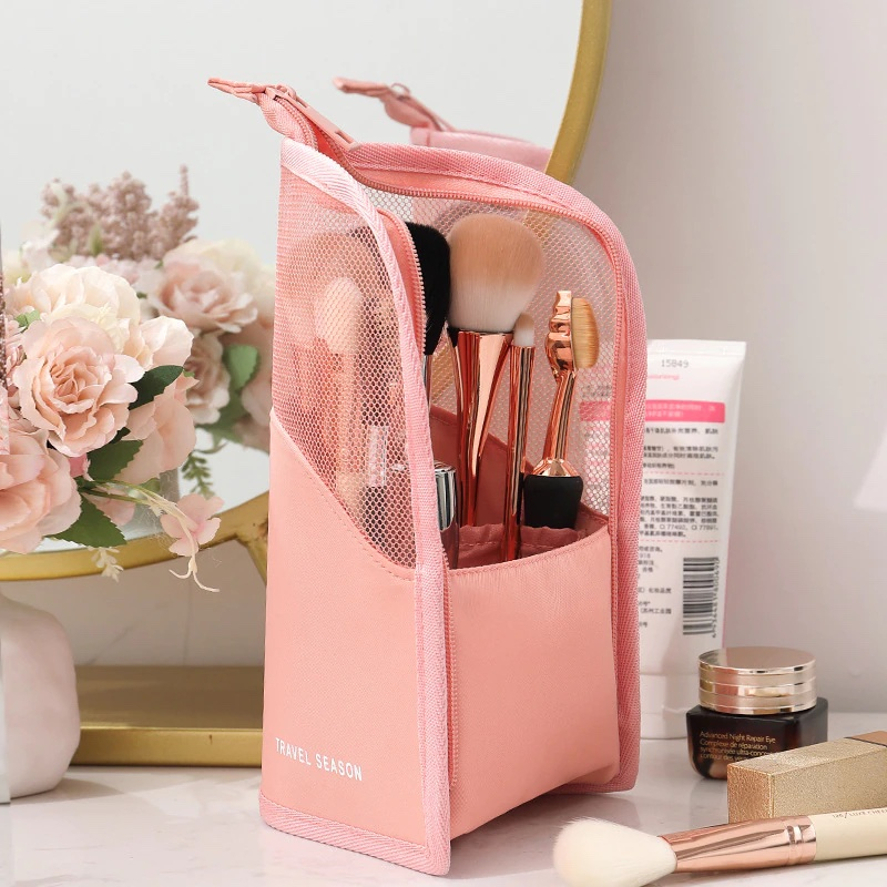 (24x14x14cm) Aufstellbare Kosmetik Tasche Pinsel Necessaire Beauty Make Up Organizer Reisetasche - Rosa