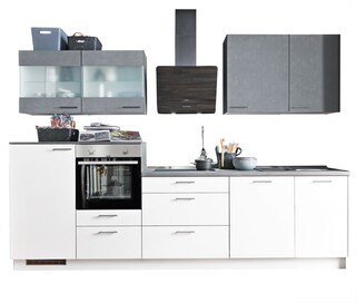 Küchenzeile Lacklaminat weiß supermatt/Stahloptik dunkel 310 cm