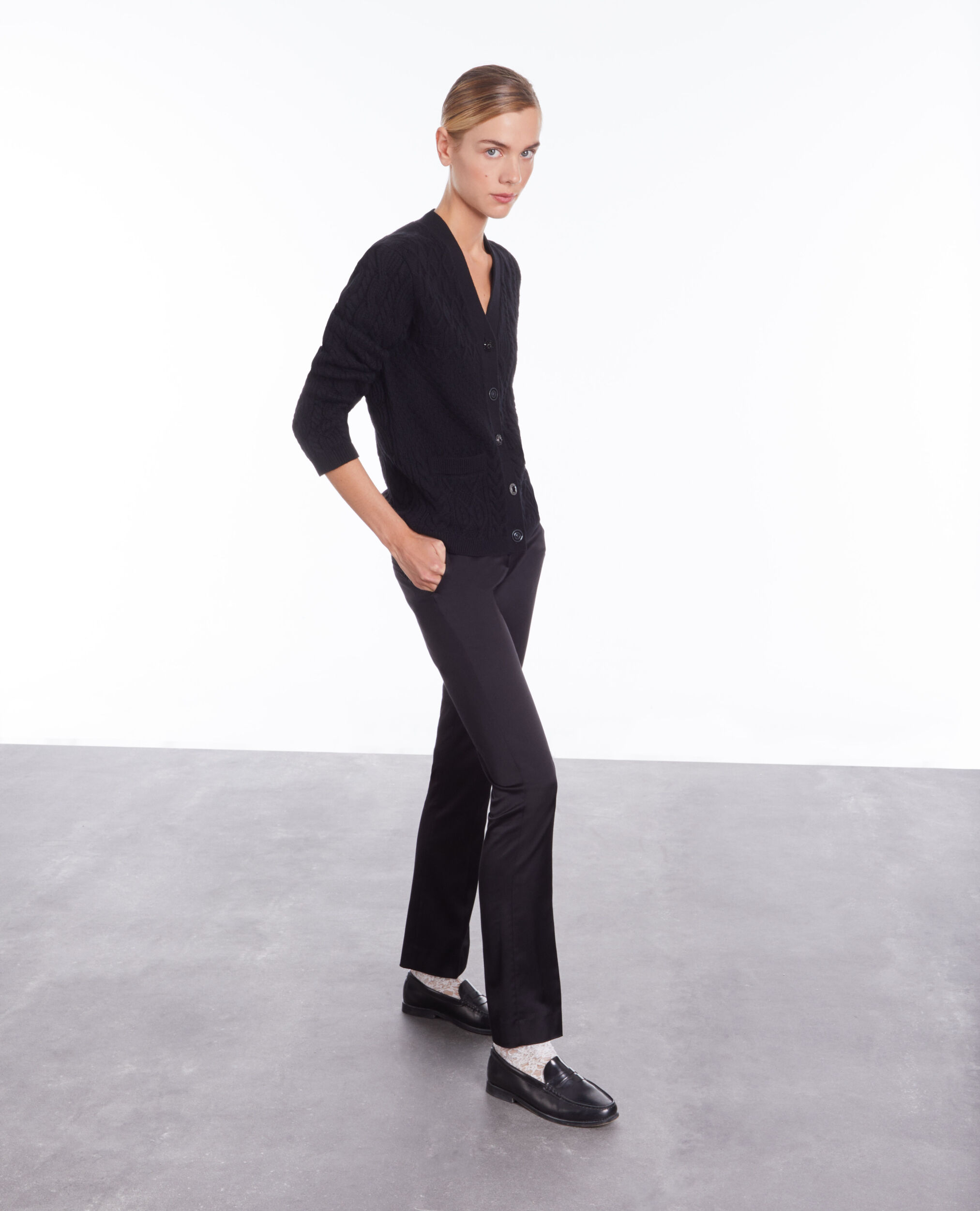 Black cable knit wool cardigan