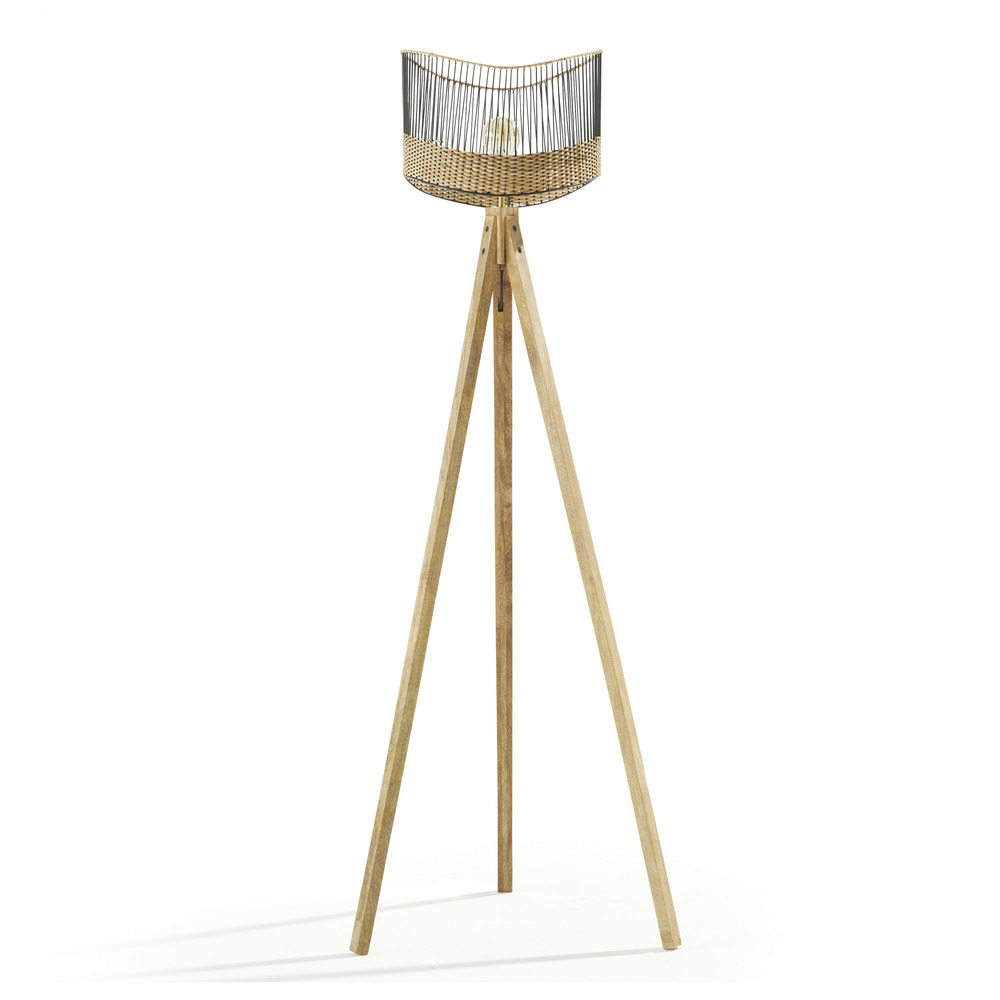 Lampadaire en manguier massif et rotin