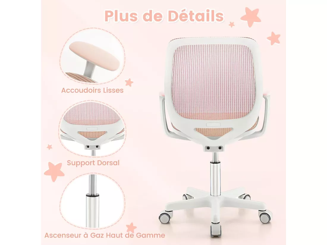 Chaise de Bureau Pivotante Enfants avec Hauteur Réglable 80-92cm, Siège à roulettes Enfants avec Dossier & Accoudoirs Ergonomique, Verrouillage Automatique, Charge 75kg pour 6-15 Ans