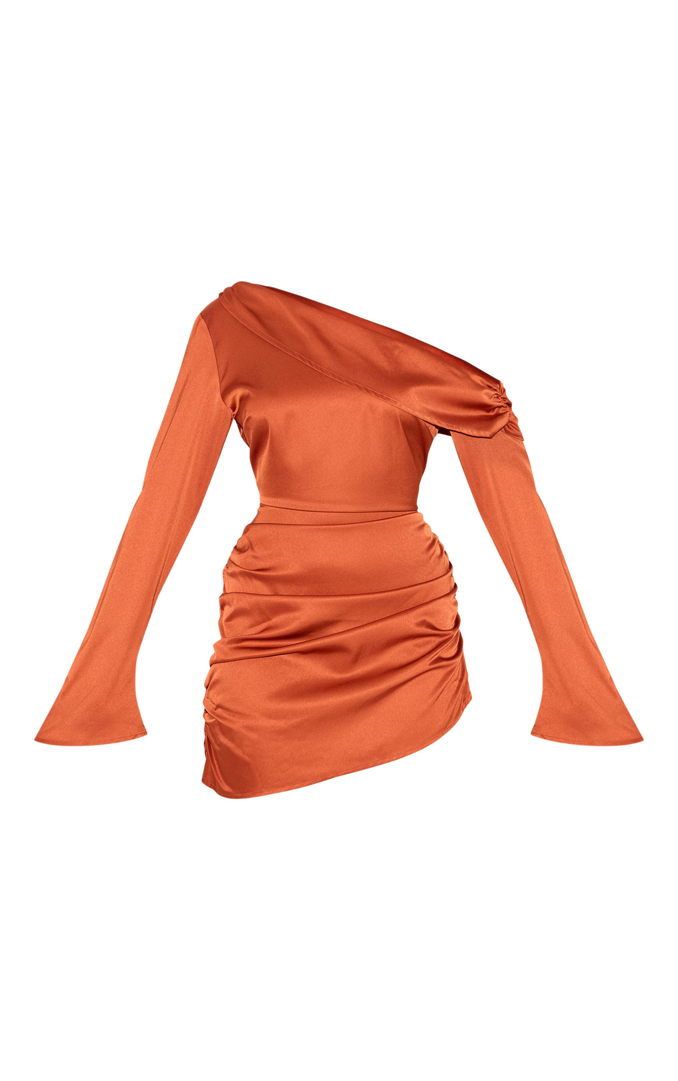 Orange Brûlé Robe Moulante Drapée En Satin À Une Épaule