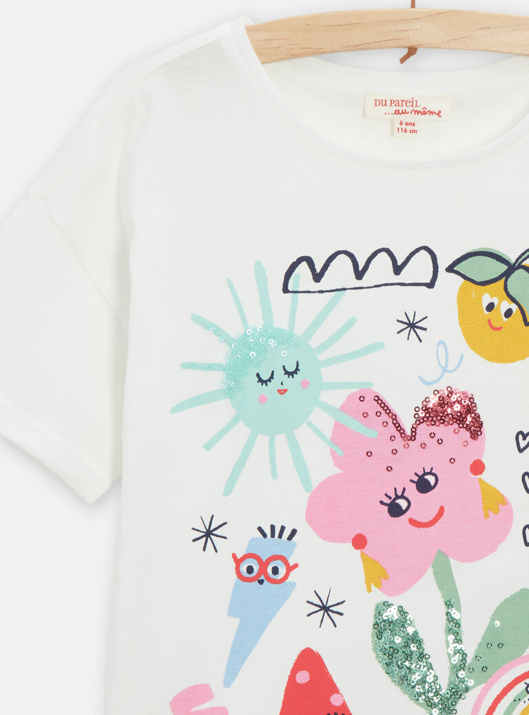 T-shirt écru animation fantaisie pour fille