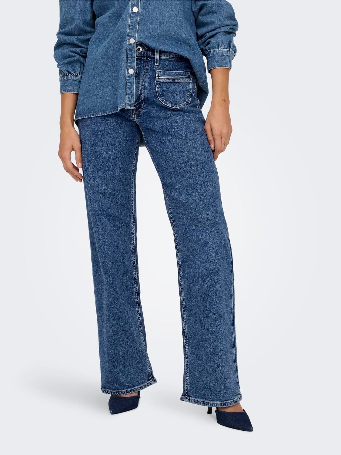 ONLJUICY Hohe Taille Weiter Beinschnitt Jeans Dark Medium Blue Denim