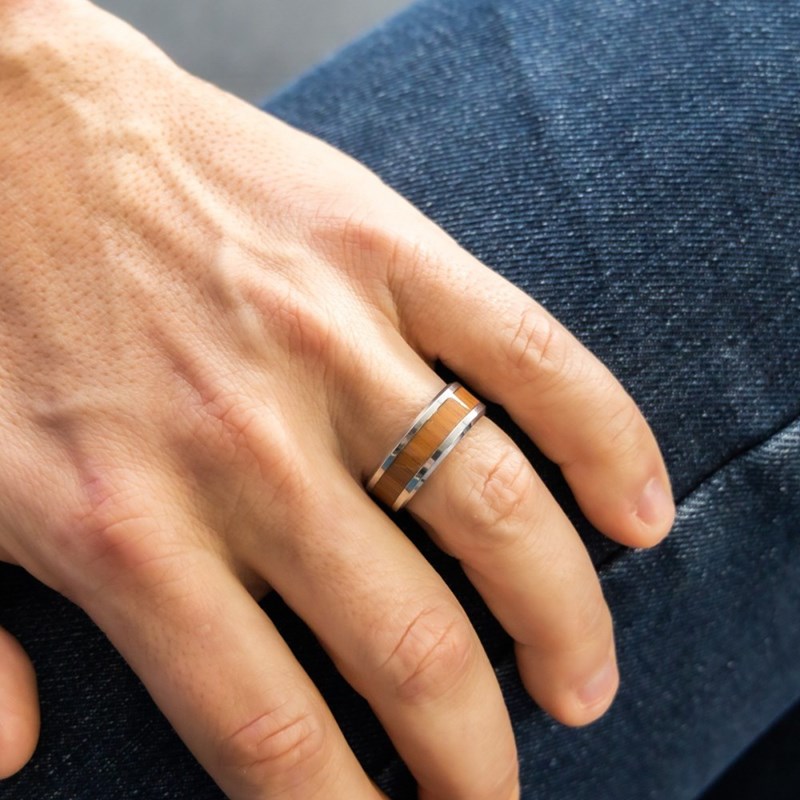 Bague Anneau pour Homme en Acier Argenté Bois