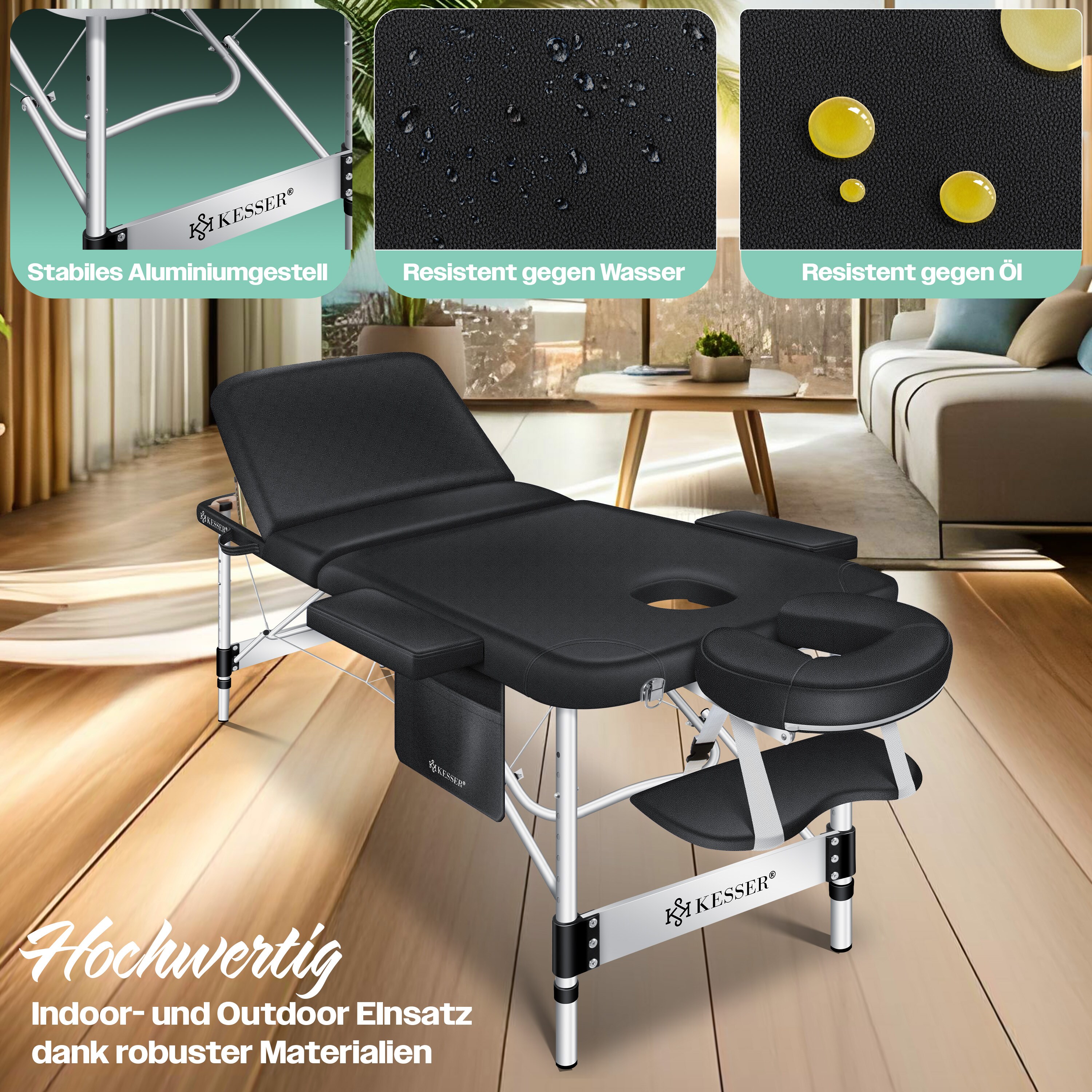 KESSER® Mobile Massageliege klappbar & höhenverstellbar 3 Zonen Massagebett Massagetisch Kosmetikliege Breit Therapieliege Aluminium + 10x Gesichtsauflage mit Kopfstütze Armlehnen & Tasche