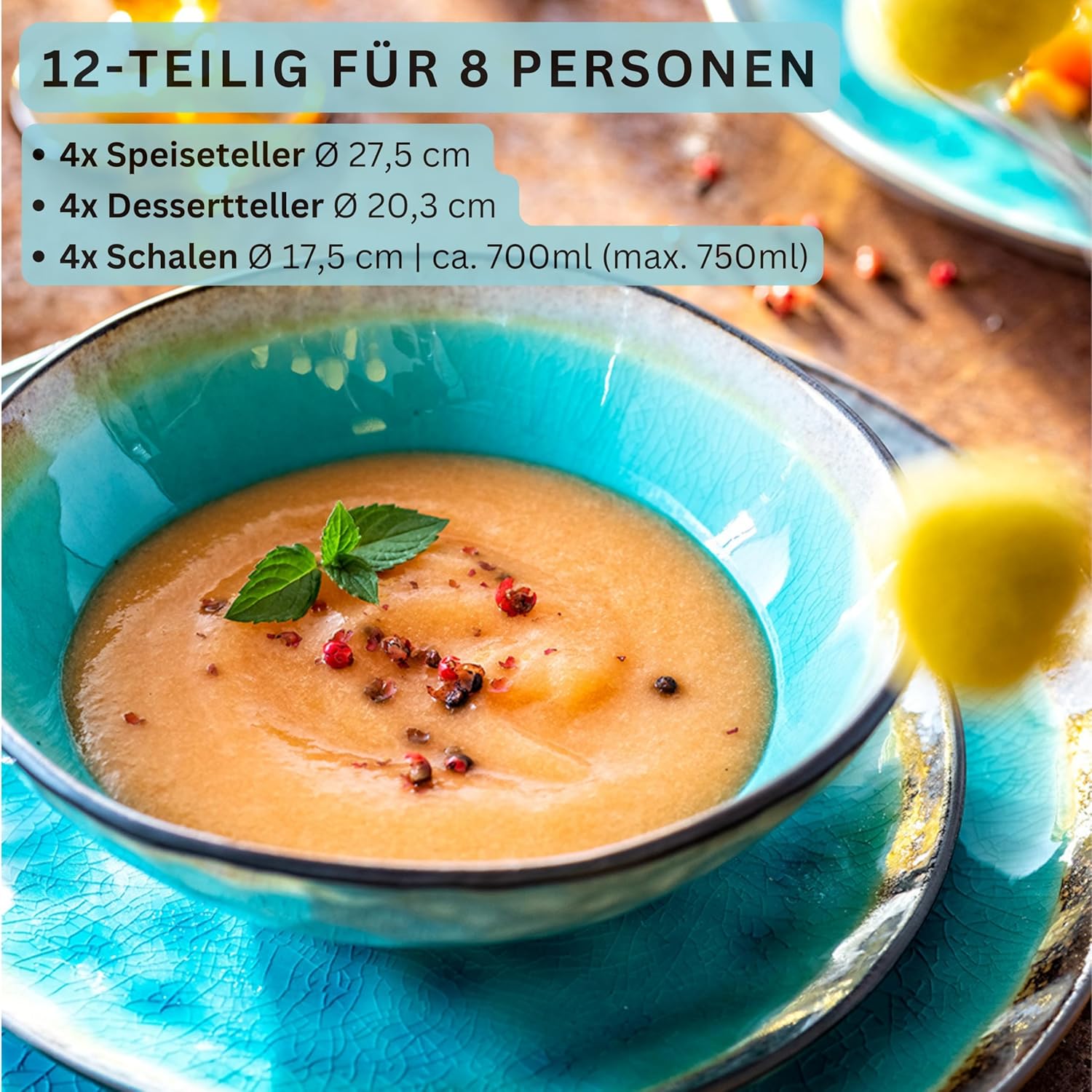 SÄNGER | Geschirrset Capri 12 tlg, Teller Set 4 Personen, Steingut Geschirr inkl. Speiseteller Dessertteller & Tiefe Teller, Tafelservice Handmade Türkis Blau mit Grauem Rand | PREMIUM COLLECTION