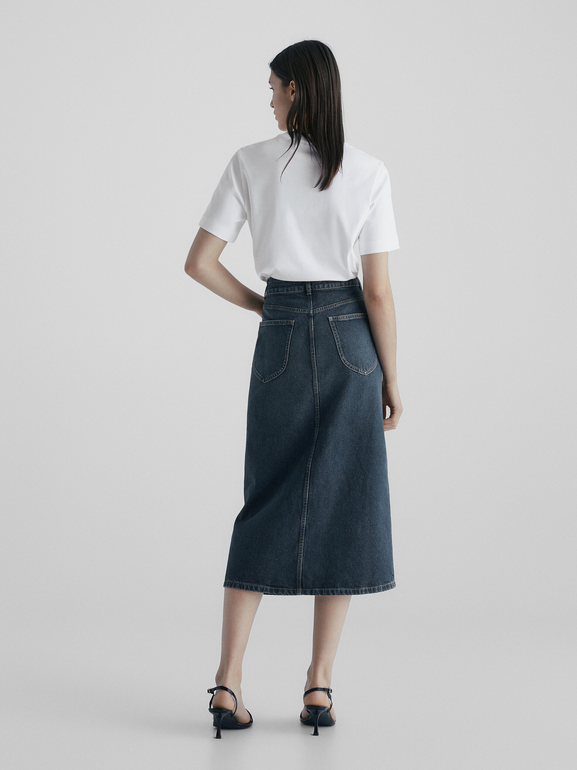 Saia jeans de cintura alta com efeito lavado - AZUL MÉDIO