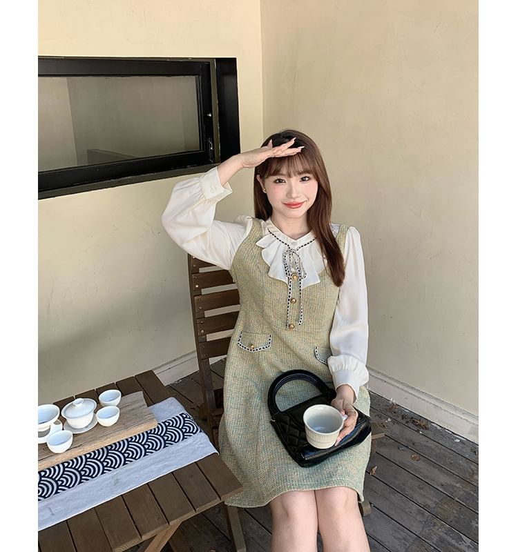 Appelsin - Mock Two-Piece Puff-Sleeve Tweed Mini A-Line Jurk