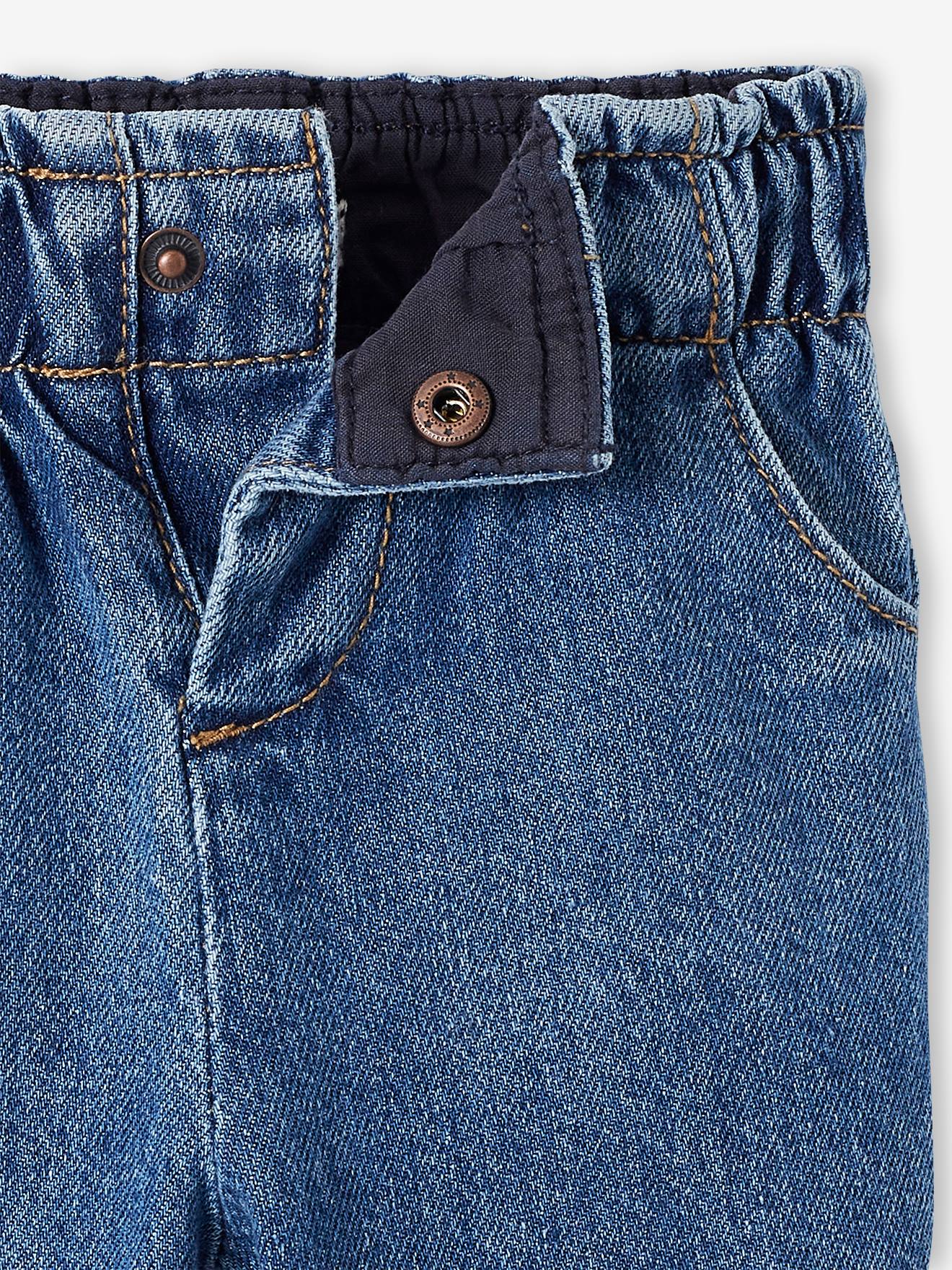 Calça jeans infantil de pernas largas com cintura elástica, cor pedra