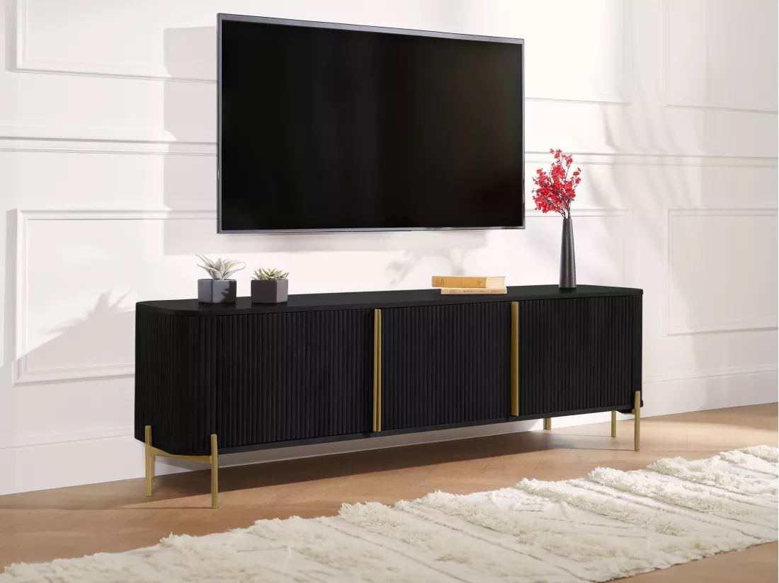 Meuble TV avec 3 portes en bois de manguier et métal - Noir et doré - BALIMELA