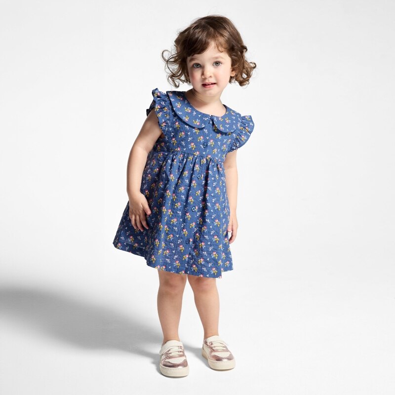 Robe coton plumetis oiseaux bleu bébé fille Bleu