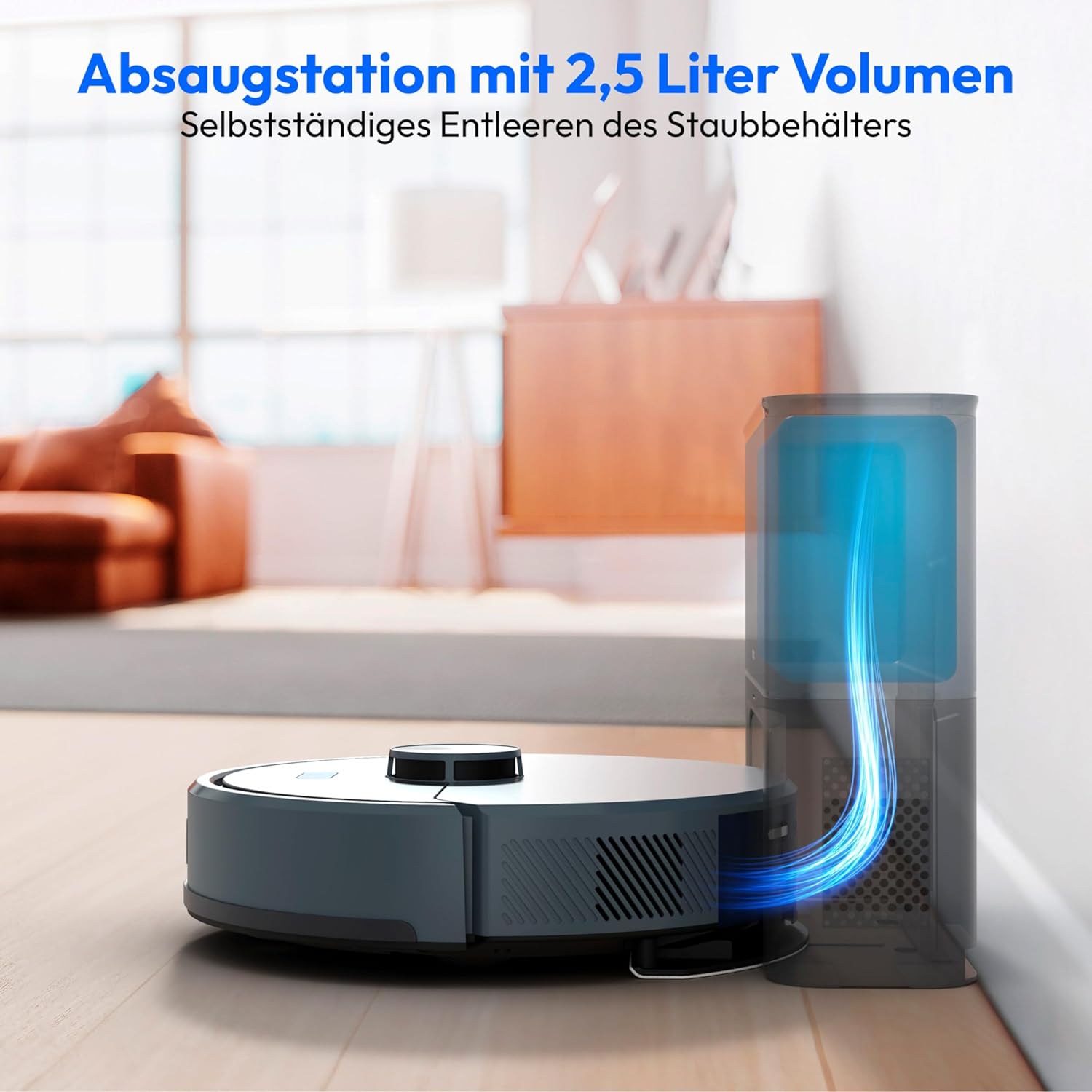 MEDION Saugroboter mit Absaugstation und Wischfunktion X22 SW+ (Lasernavigation, Starke 5000Pa Saugkraft, 2in1 Roboterstaubsauger, präzise Kartenerstellung, Go & No Go Bereiche, mehrere Etagen) blau