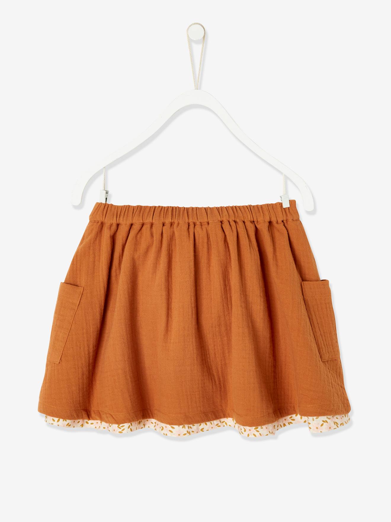 Saia reversível, lisa ou com estampa floral, para meninas, marrom claro liso