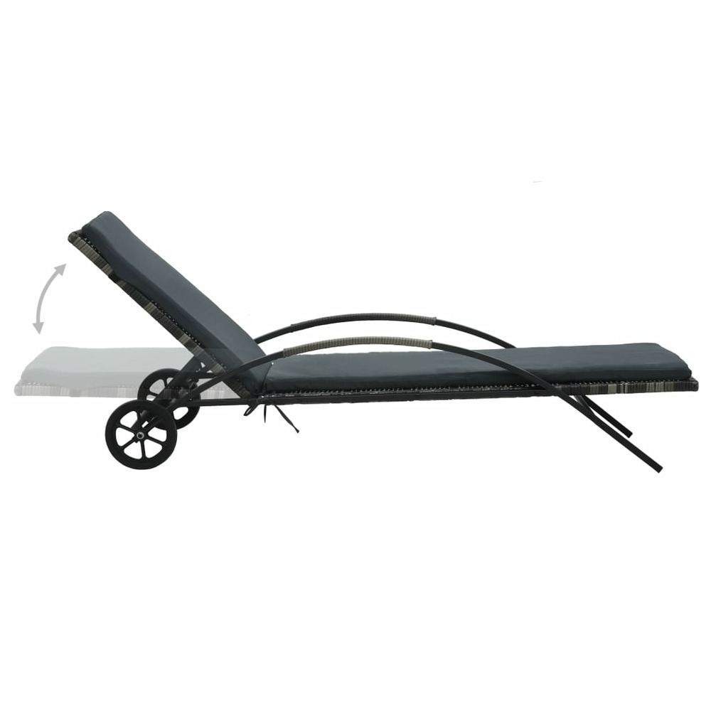 Transat chaise longue bain de soleil lit de jardin terrasse meuble d'extérieur avec coussin et roues résine tressée anthracit