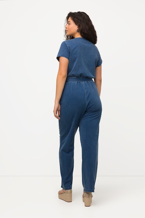 Jeans-Jumpsuit, weites Bein, V-Ausschnitt, Halbarm
