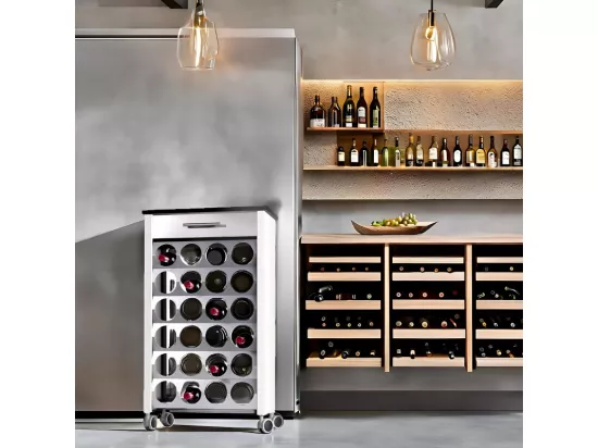 Étagère porte bouteilles à roulettes, 93*50*30 cm - Blanc, Inox, Ardoise, capacité 24 bouteilles, BACUS