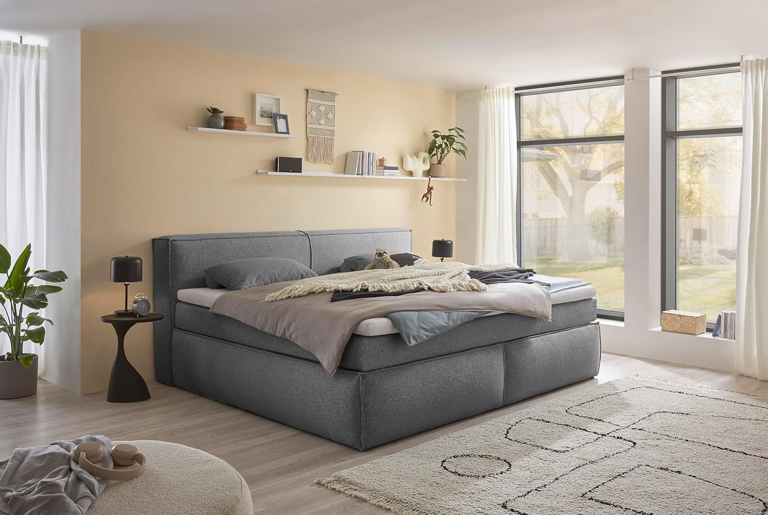Boxspringbett Sandon 180x200 in Dunkelgrau – Duo-Wendematratze H3/H4 mit 7-Zonen-Tonnentaschenfederkern, 6 cm Topper & komfortabler Liegehöhe 70 cm