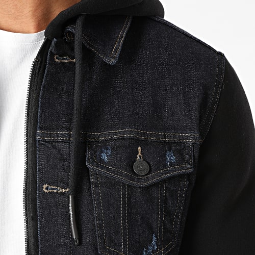 Veste Jean A Capuche GJ-3023 Bleu Brut Noir