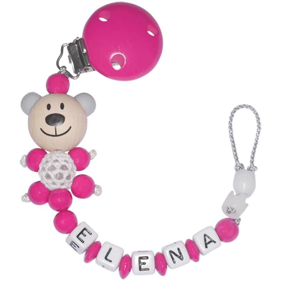 Schnullireich Schnullerkette mit Namen Häkelbär Pink
