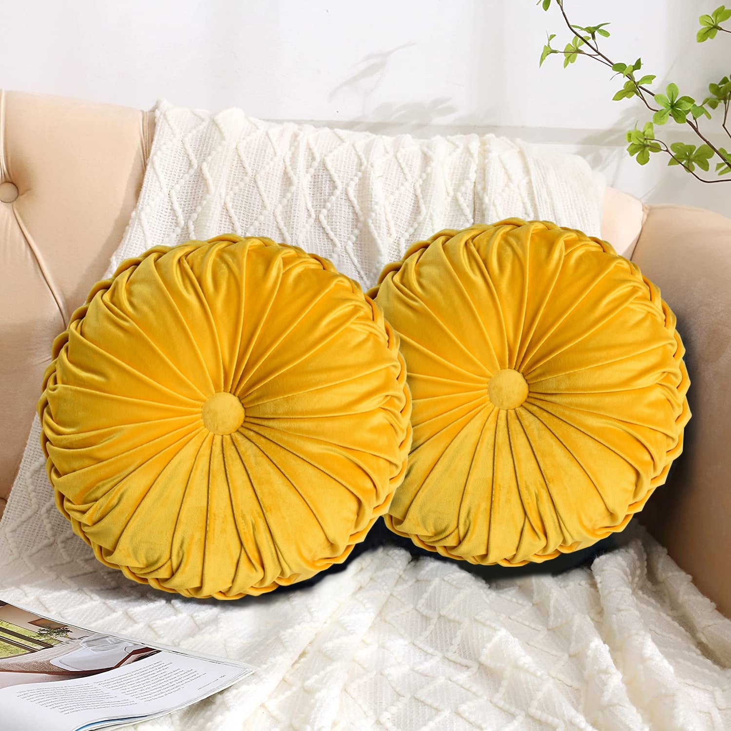 Set of 2 Decorative Velvet Round Pleated Throw Pillows,14.5" Diameter