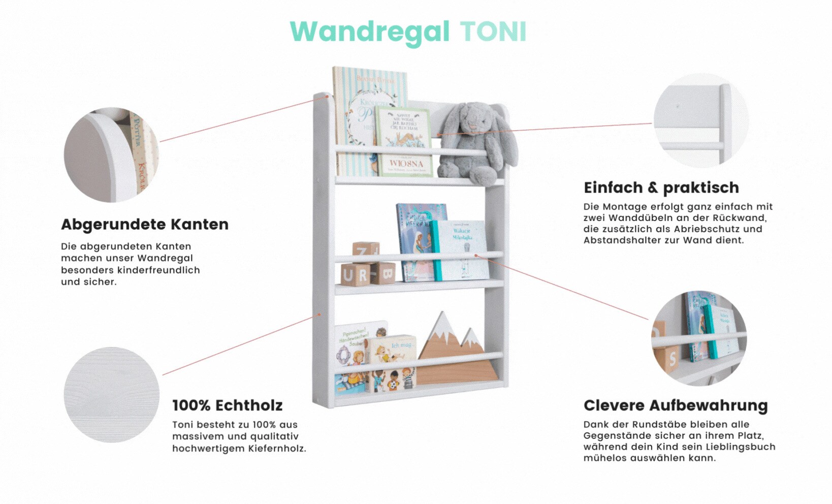 TiCAA Kinder Bücherregal Toni 55x80 & 60x130