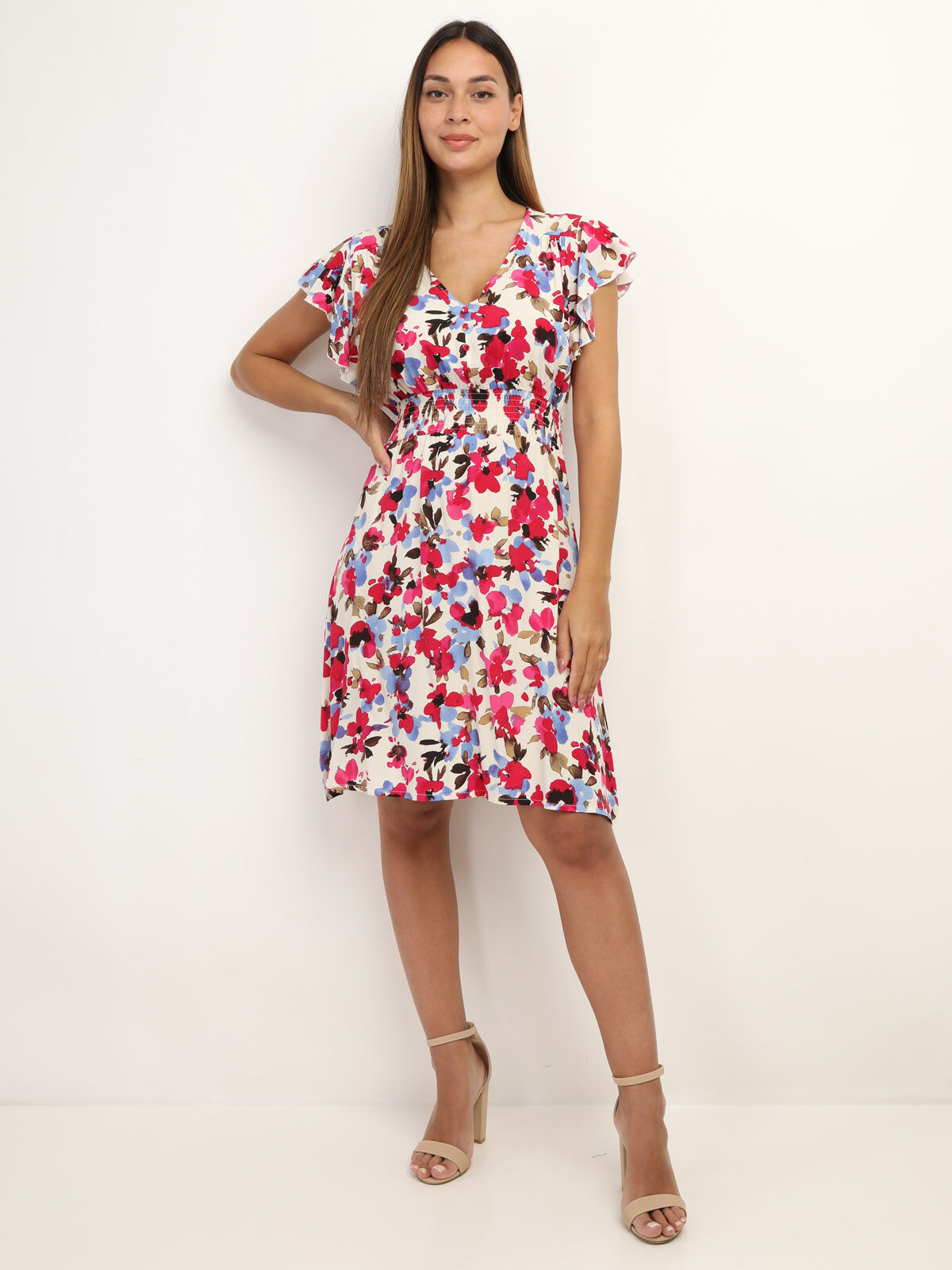 Robe à fleurs smockée à boutons- Beige