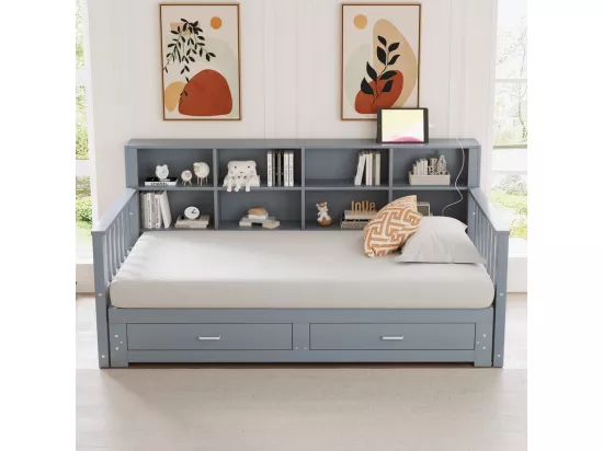 Canapé-lit gigogne en bois massif 90/180x190 cm - avec prise de charge - avec rangement - avec 2 tiroirs - sommier à lattes - gris（matelas non inclus)