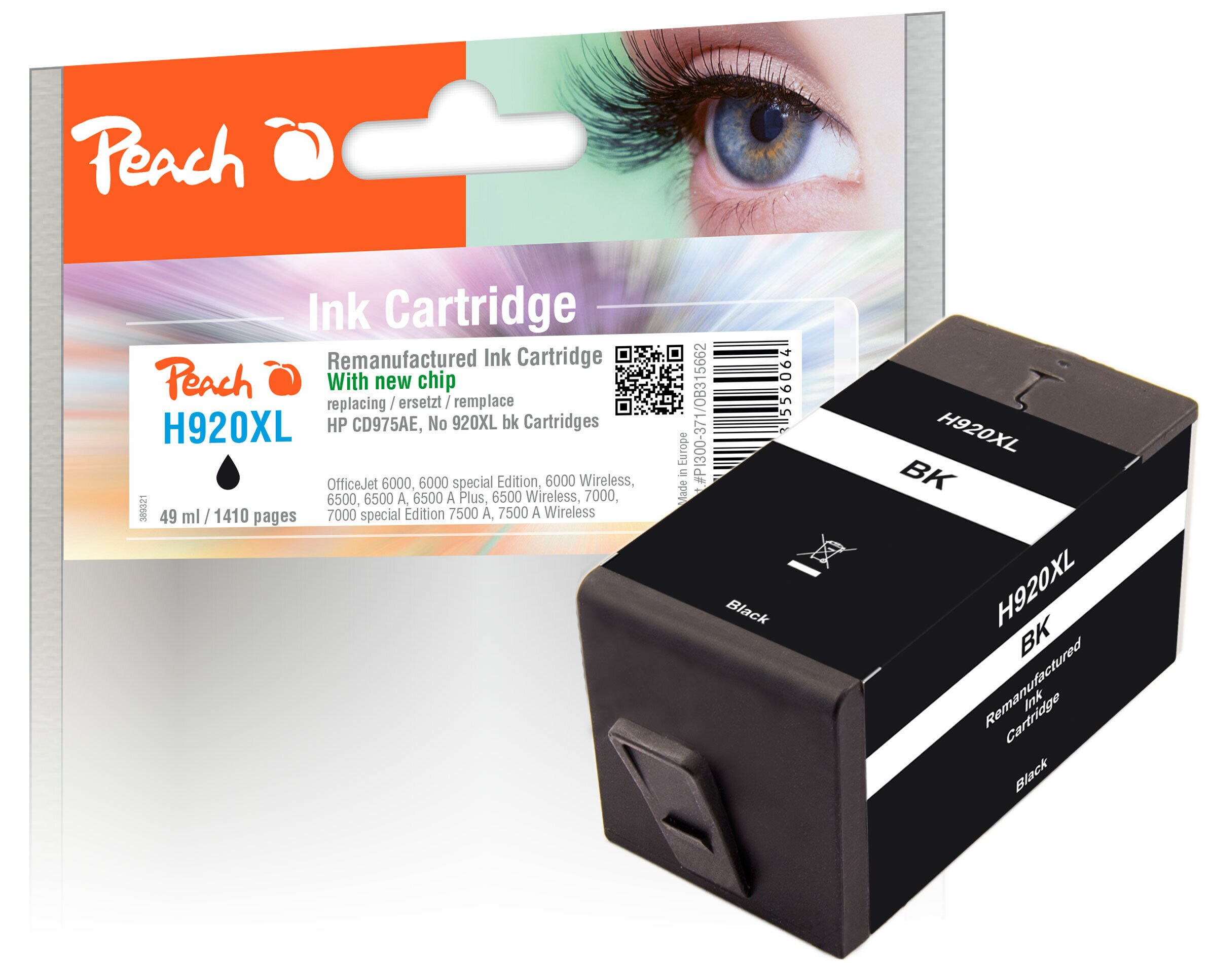 Peach HP 920 XLbk Druckerpatrone XL bk ersetzt HP No. 920XL bk, CD975AE für z.B. HP OfficeJet 6500 A, HP OfficeJet 6500, HP OfficeJet 6000 (wiederaufbereitet)