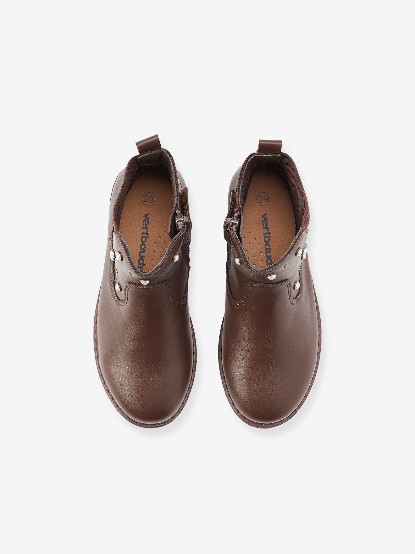Botas de cano curto elegantes com um pequeno salto, para menina, cor marrom médio liso.