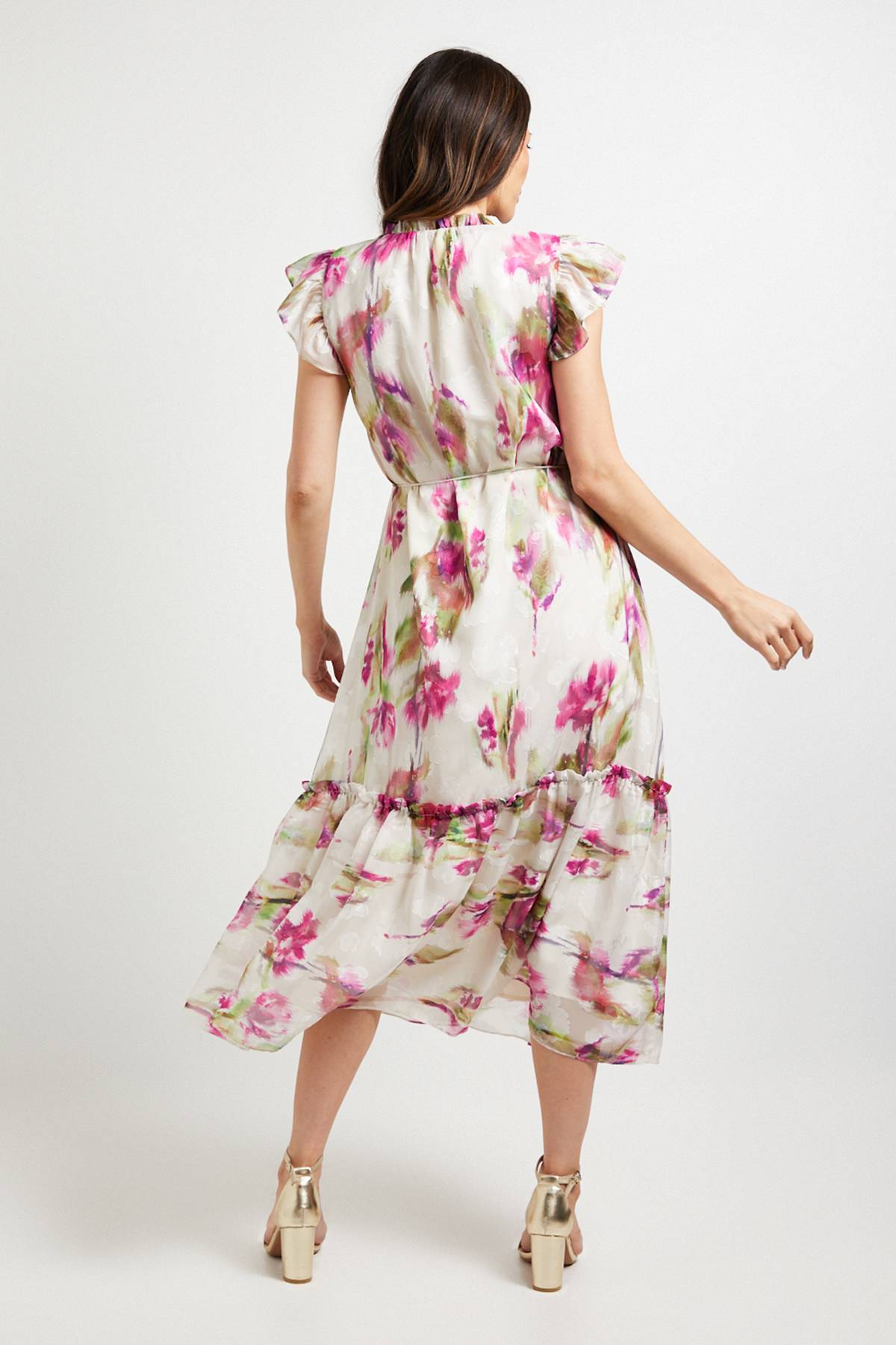 Wallis Robe Midi à Volants Motif Floral Dévoré