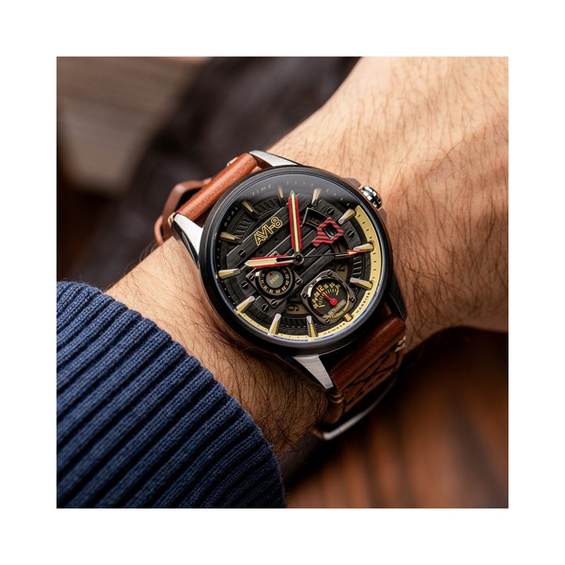 Montre Homme AVI-8 quartz - Bracelet cuir véritable de vachette - Multifonctions avec date - Hawker Harrier