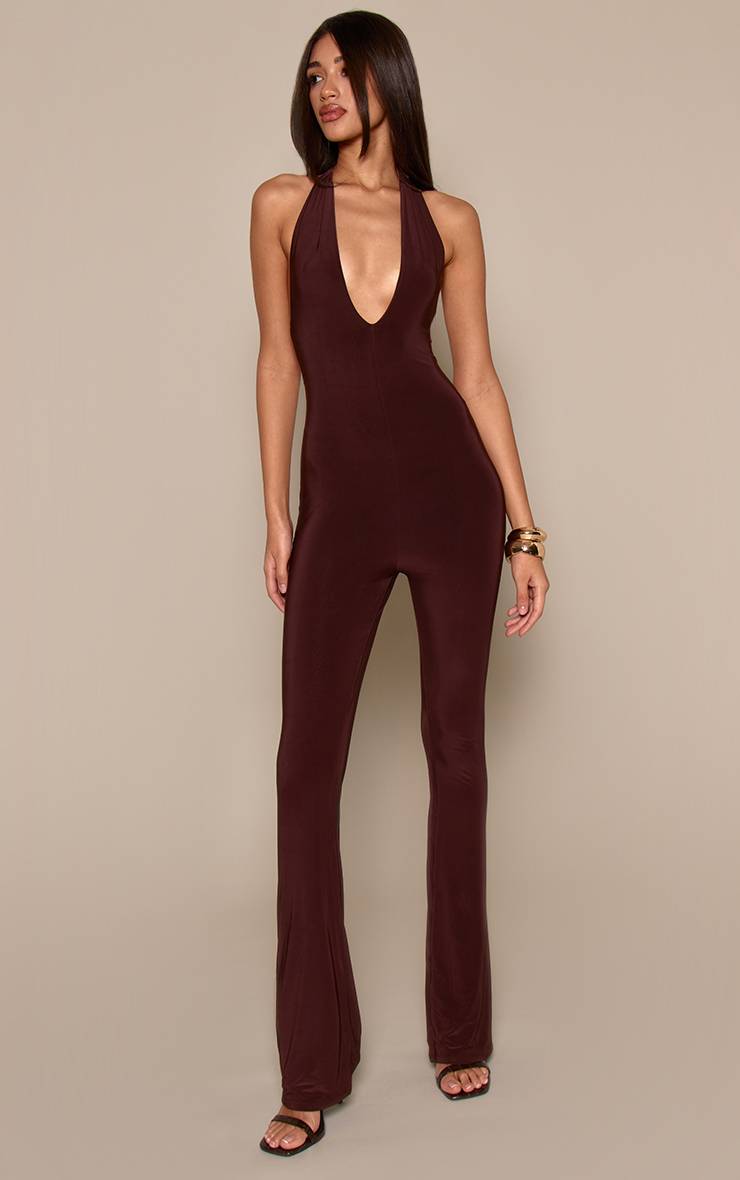 Chocolat Combinaison Pantalon Décolleté Plongeant Col Licou Double Épaisseur Effet Satiné