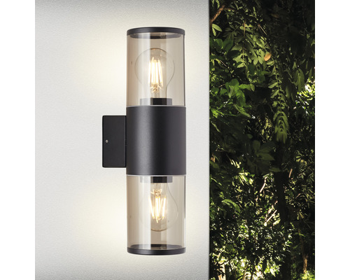 Buitenwandlamp, 2-lichts, H 33,2 cm, zwart/rookglas