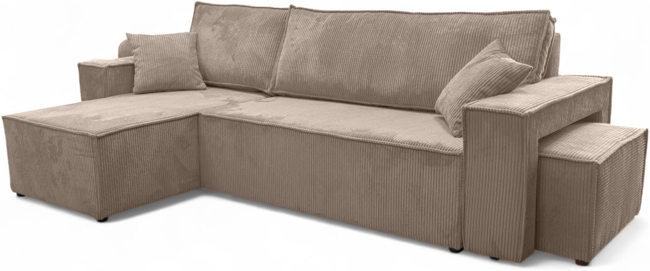 LOUNGITUDE Canapé Farah d'angle réversible et Convertible 4 Places avec Un Pouf en Velours côtelé HV1827501