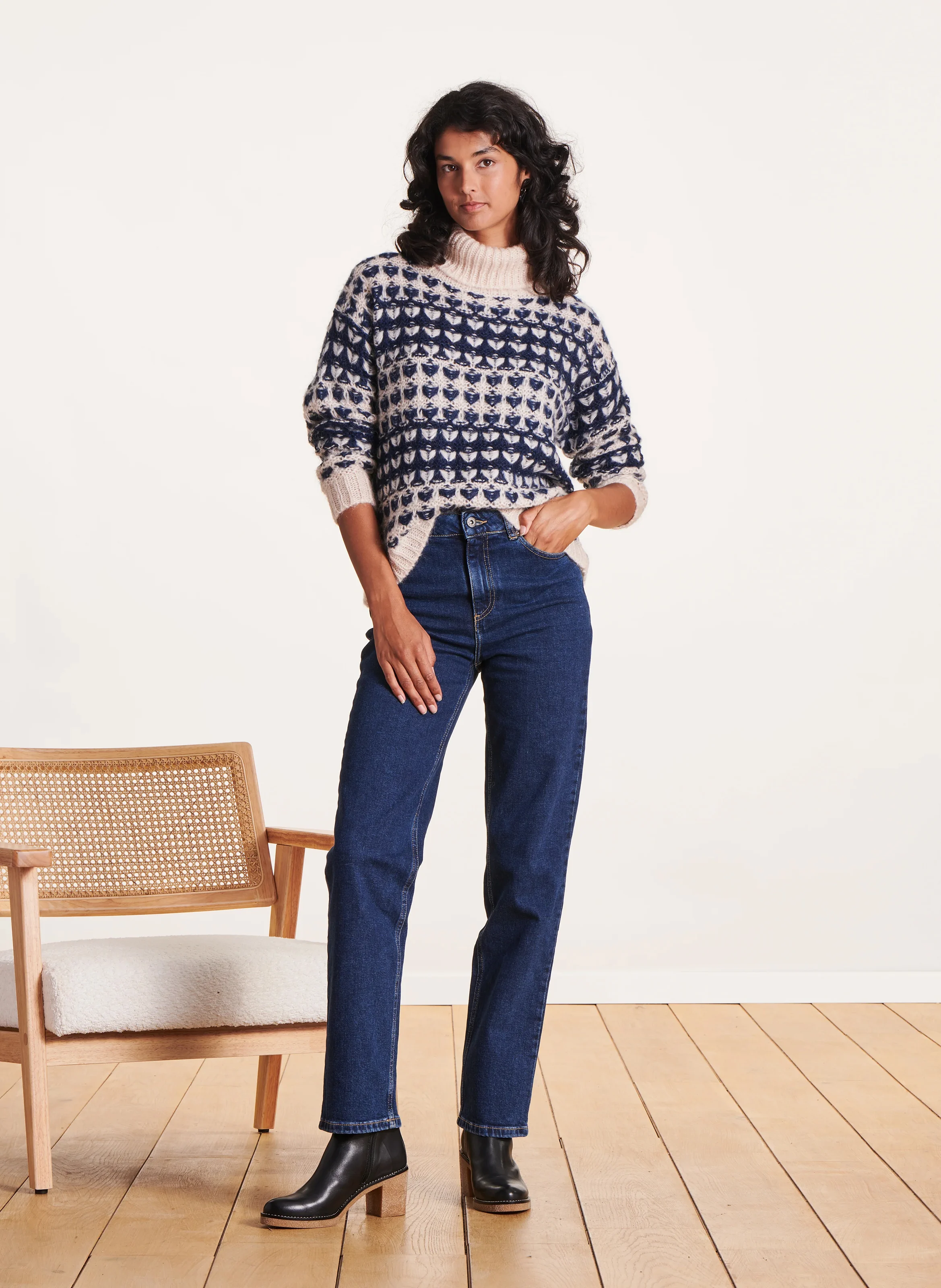 Pull col roulé en maille jacquard | Bleu