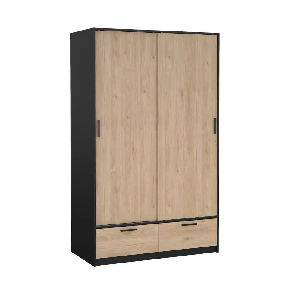 Hioshop Line kledingkast 2 deuren 2 laden okkernoot decor zwart mat