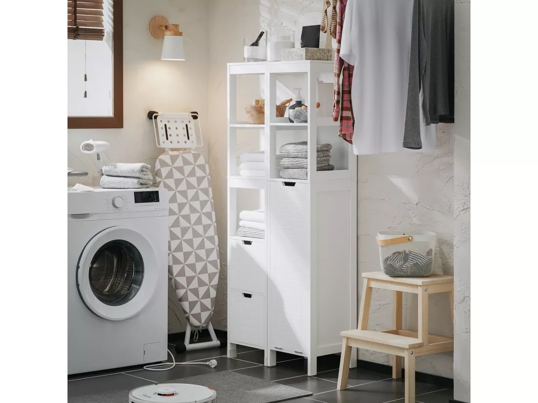 SoBuy Meuble Colonne de Salle de Bain, Armoire Toilette Haute, Meuble Salle de Bain Placard avec Étagères et Panier à Linge 30 x 30 x 145 cm, Blanc, BZR123-W