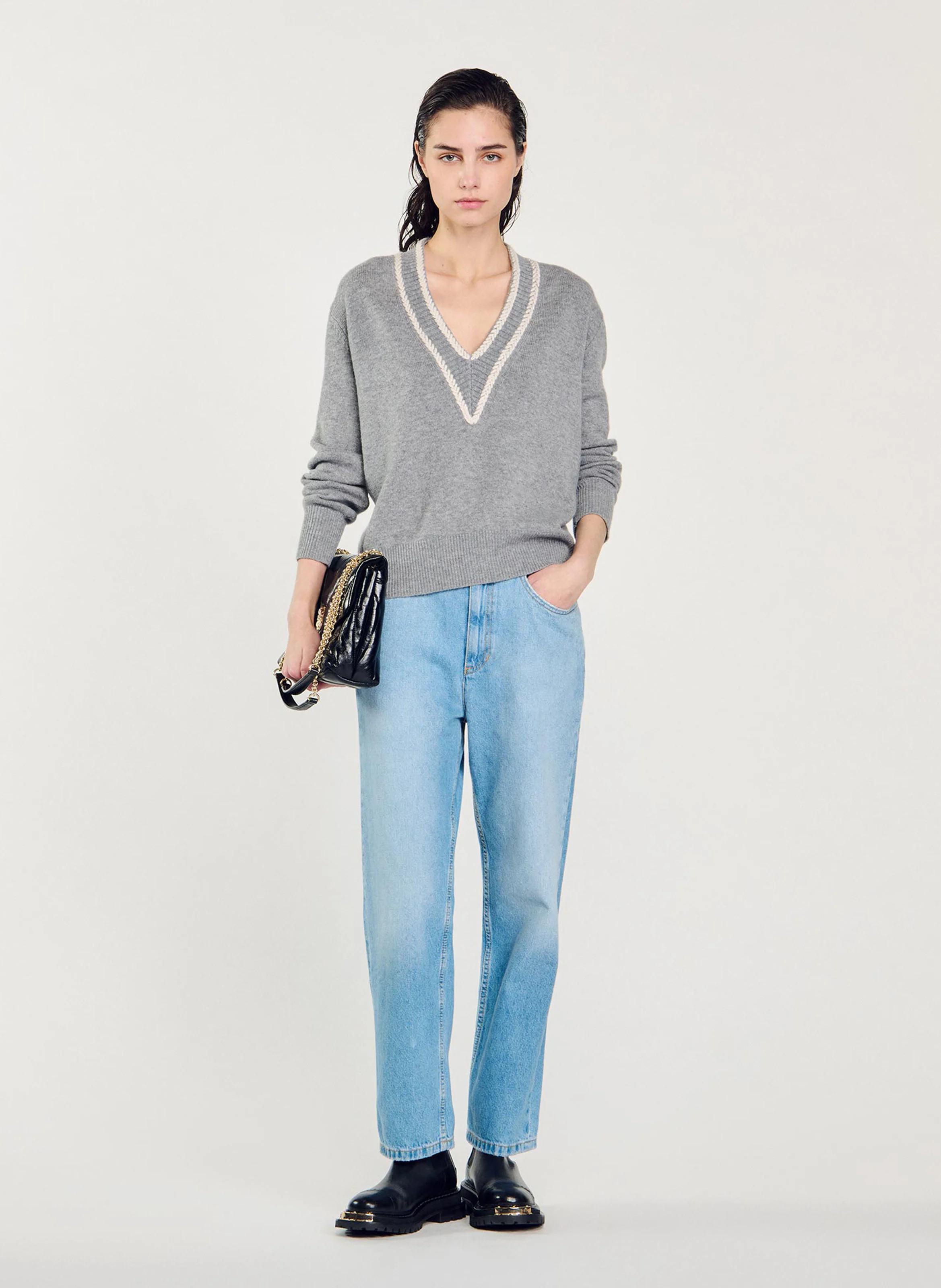 Pull col V en laine et cachemire | Gris