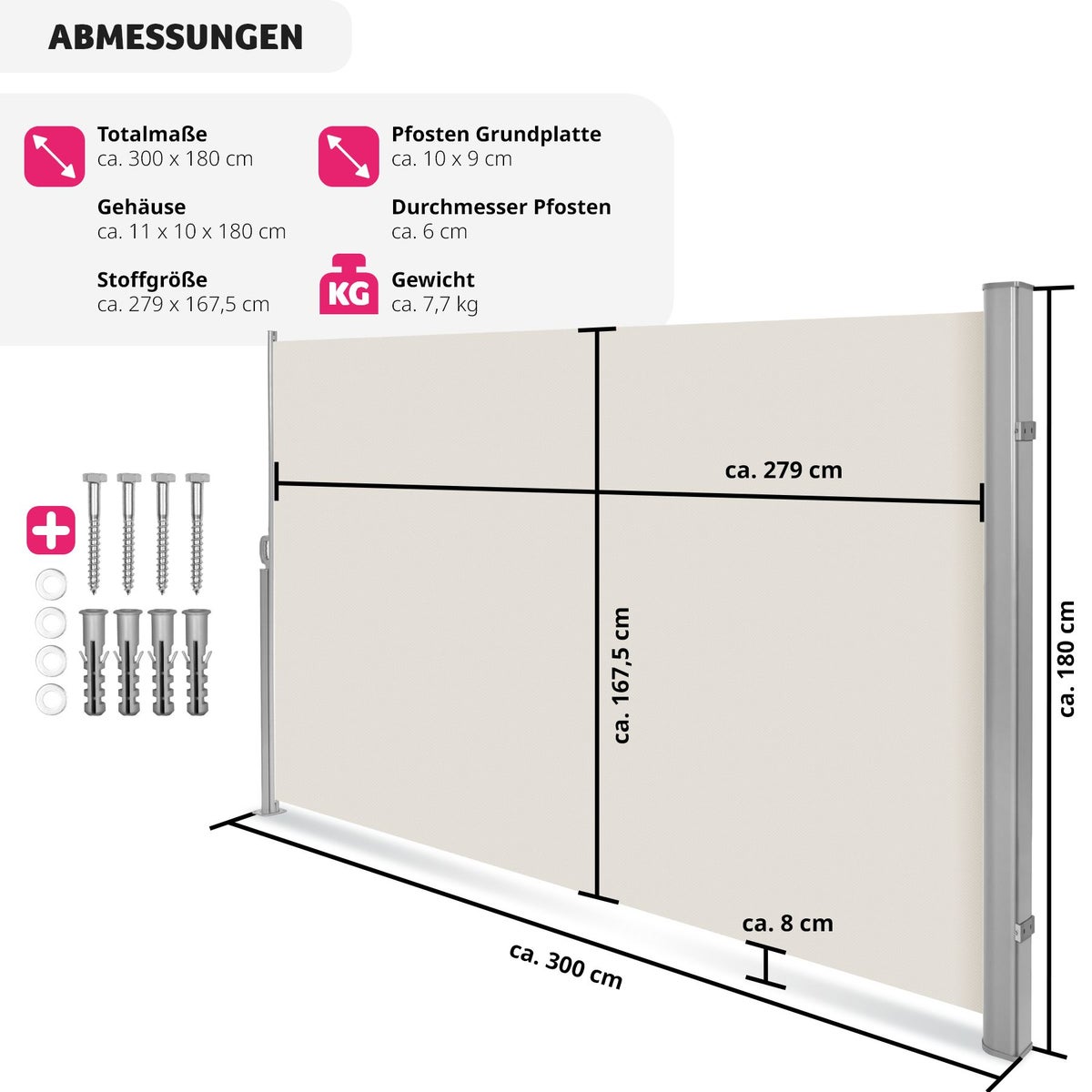 tectake aluminium zijluifel, 180 x 300 cm