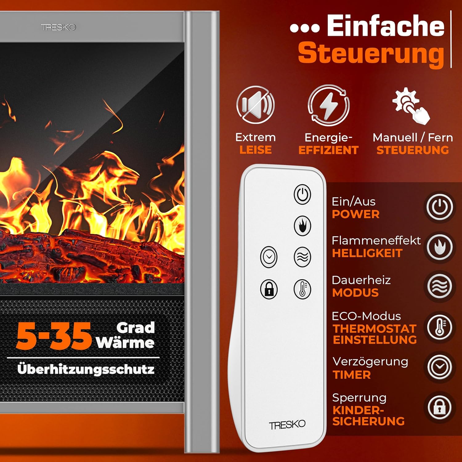TRESKO® Elektrokamin mit Heizung & Fernbedienung 2000W, WiFi App | Kamin elektrisch LED-Flammeneffekt & LCD-Display | Kaminfeuer mit Thermostat, Timer | Elektro Kaminofen Standkamin Heizlüfter