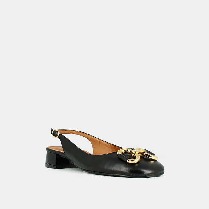 Ballerines slingback à bouts carrés et détails dorés  en cuir noir