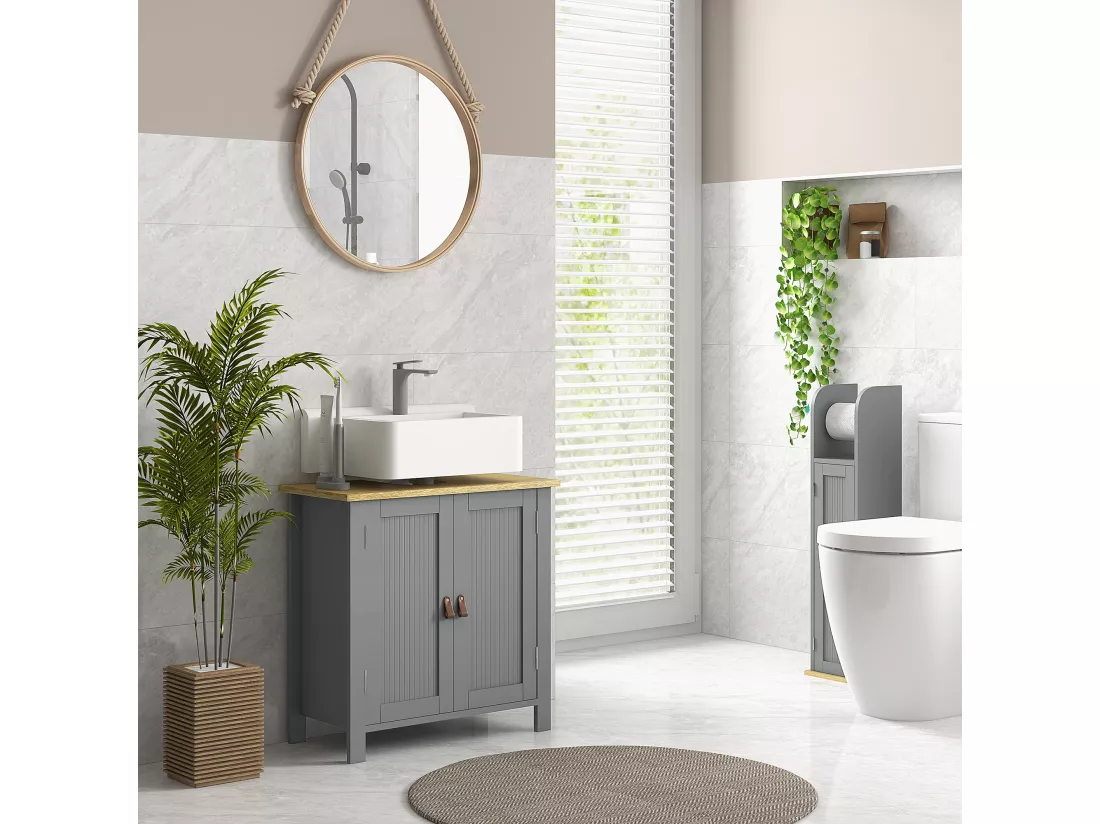 Meuble salle de bain sur pied - meuble sous-vasque - 2 portes, étagère - MDF panneaux aspect bois clair gris