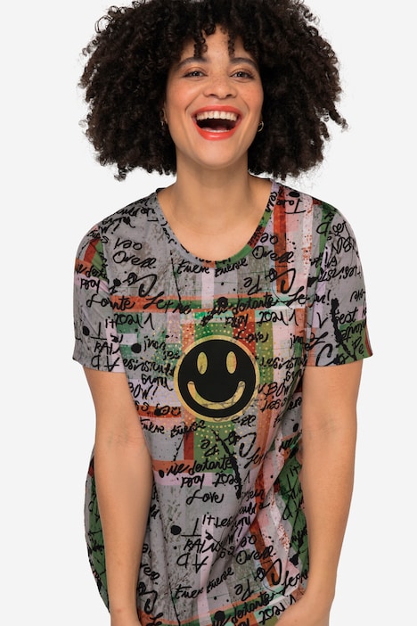 T-Shirt, oversized, Scribble-Muster, Smiley, Rundhals, Halbarm