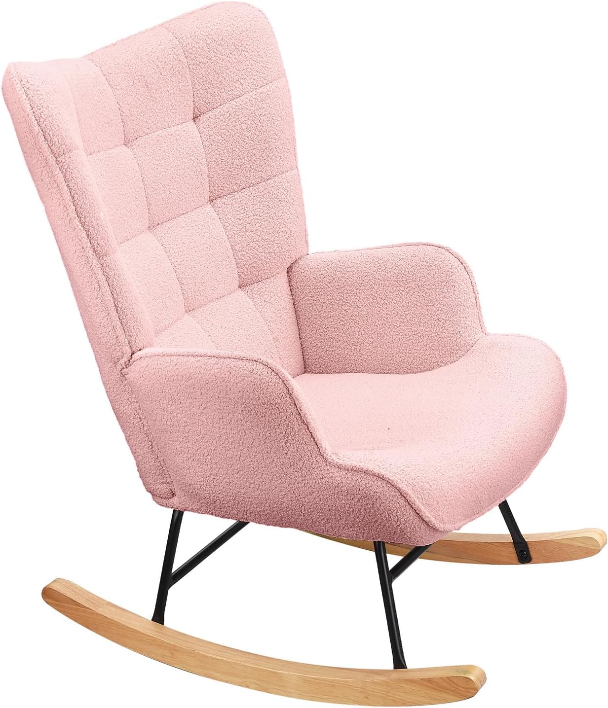 Schaukelstuhl Relaxsessel Stillsessel Schaukelsessel Wohnzimmersessel Schwingsessel mit Metallgestell und Holzsockel, Belastbarkeit Bis 130 Kg, Teddystoff, Rosa, 75 x 68 x 92 cm