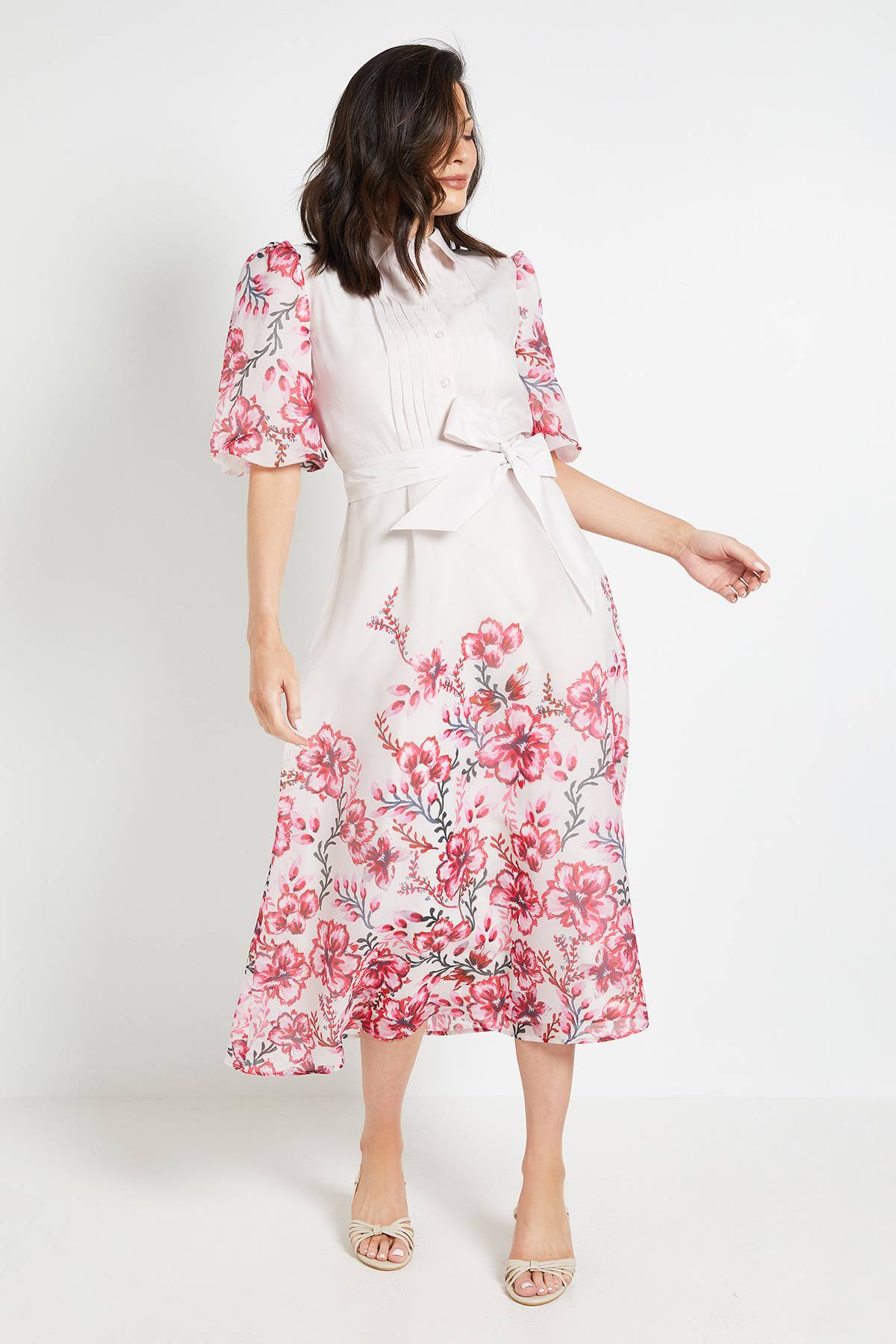 Wallis Robe Chemise Midi À Plis Nervurés En Organza Fleuri