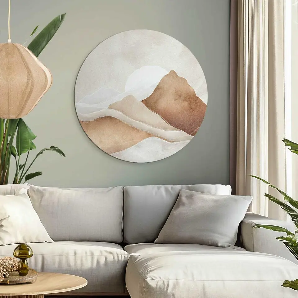 Glasschilderij Zon achter de bergen - Ø 70cm - Beige