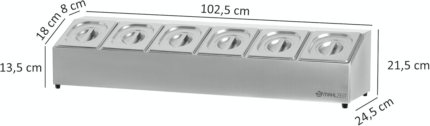 Mahlzeit Edelstahl Zutatenbehälter | 6 x 1/6 GN Catering Behälter mit Gummifüßen | 102,5 x 24,5 x 21,5 cm | Cocktail Zutatenbehälter Bar für Gastro, Küche, Pizza Station, Buffet Zubehör, Salatbar